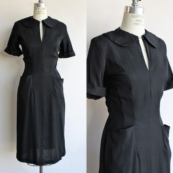 Vintage 1940s Dress With Pockets, Black Spiegel R… - image 1