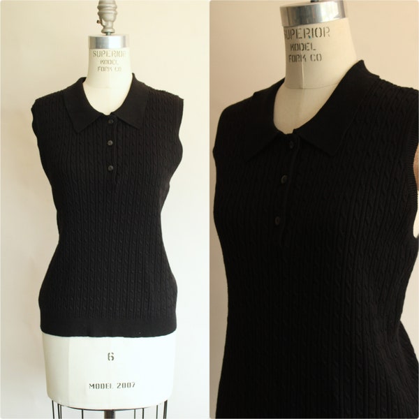 Vintage 2000s Sweater, NWT Mervyn's Black Sleeveless Knit Top with Buttons, Size Large, Deadstock