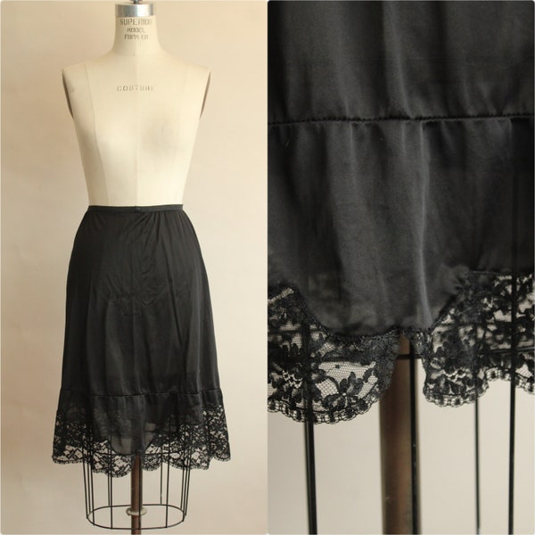 Vintage 1950s 1960s Half Slip, Black Vanity Fair Nylon Size Small With Lace Trim