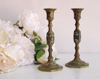 Vintage Candlestick Holders, Brass Candelabra, Etched and Painted Candle Holder