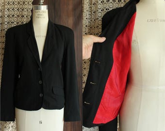 Vintage 1990s 2000s Jacket, Liz Sport Petite Black and Red New Look Blazer, Shoulder Pads