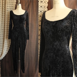 Mono vintage de terciopelo negro arrugado de JM By Shelli Segal, años 80 y 90, con pies con estribos, talla grande.