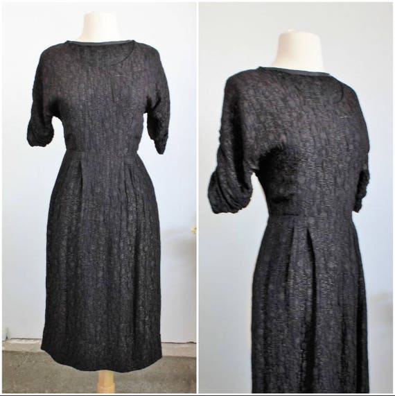 Vintage 1980s does 1940s Day Dress Black Wiggle Dress Wool Dress 1940s Tanner Dress 40s Femme Fatale 80s Dress Size Medium Formal Dress