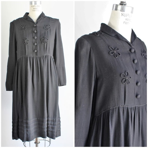 Vintage 1940s Black Wool Dress / Soutache and Pint