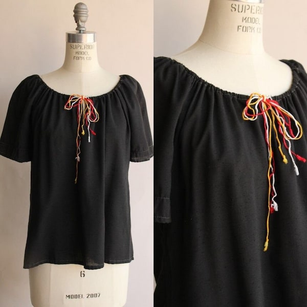 Vintage 1970s 1980s Blouse, Black Peasant Blouse, Keyhole Neck with Multicolor Drawstring Ties