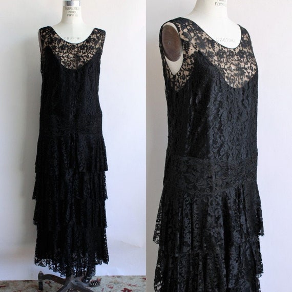 Vintage 1920s Dress / Black Lace Flapper Girl Dre