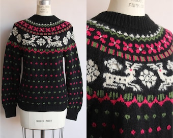 Vintage 1970s Sweater, Nordic Style Kofler Luzern Pullover with Reindeer and Snowflakes, Made in Switzerland Jumper