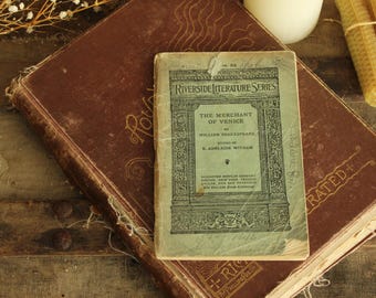 Libro antiguo de la década de 1930, El mercader de Venecia de William Shakespeare, Houghton Mifflin, incompleto.