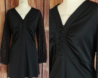 Vintage 1960s 1970s Dress, Volup Trends by Jerrie Lurie Black Minidress, Mesh Sleeves
