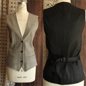 Vintage 1980s Women's Vest, Rafaella Black White and Red Plaid Wool, Size Medium