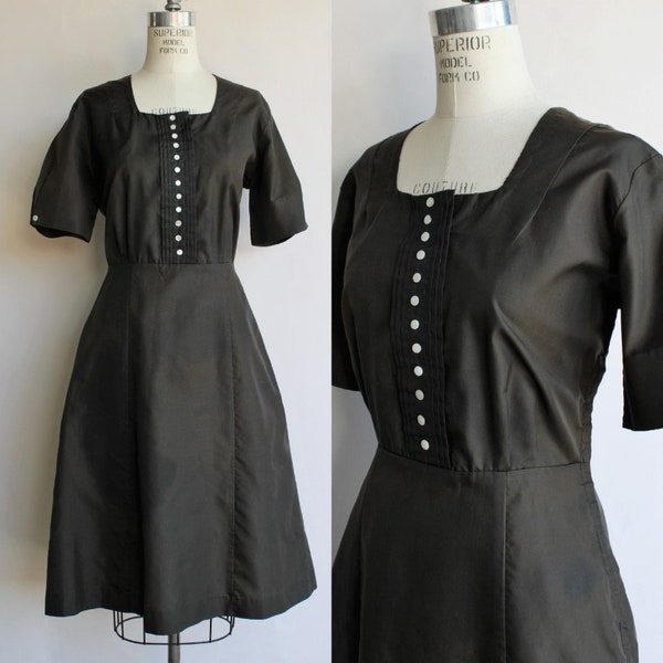 Vintage 1940s 1950s Dress, Black Shirtwaist, Fit And Flare, Nurse Uniform