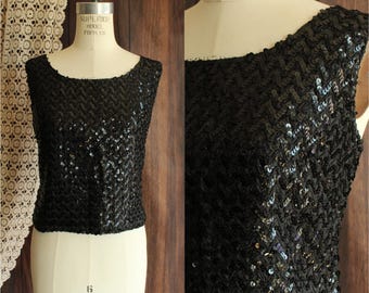 Maglia vintage anni '60, blusa nera con paillettes e perline.