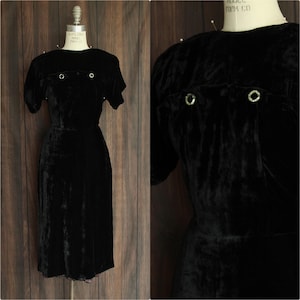 Vintage 1940s Dress, Cirilo Black Velvet Dress With Rhinestone Embellishment