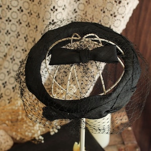 Vintage 1950s Hat, Black Silk Fascinator With Veil, Millinery with Birdcage Netting