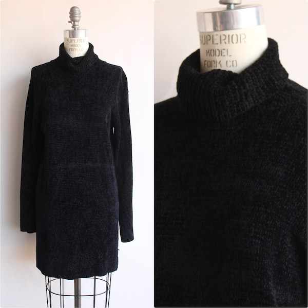 Vintage 1990s 2000s Sweater, Black Chenille Turtleneck Tunic, Gothic Clothing