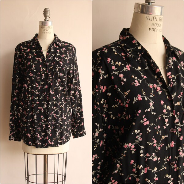 Vintage 1990s Blouse,  Black Floral Print Long Sleeve Shirt with Shoulder Pads, Dsrk Cottage Core