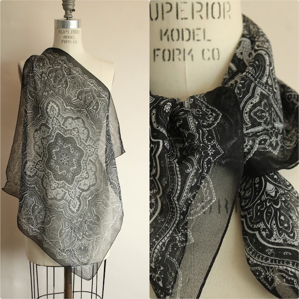 Vintage 1990s Scarf, JC Penneys Black Chiffon Paisley, Square