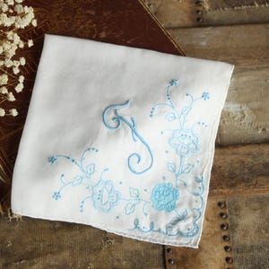 Vintage Handkerchief in White Cotton, Monogrammed with F in Blue, Hankie Pocket Square
