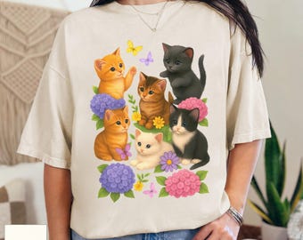 Chemise chaton rétro, pull chats mignons vintage des années 90, t-shirt graphique papillon chat floral bohème, haut animal rétro, cadeau pour amoureux des chats, chemise maman chat