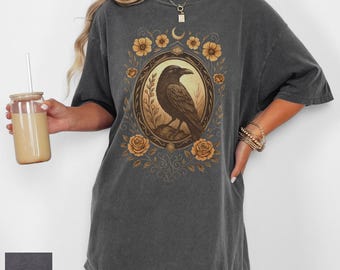 Vintage Gothic Raven Shirt, Retro Crow Sweatshirt, Occult Moon Floral T-Shirt, Dark Academia Tee, Edgar Allan Poe Shirt, Poetry Lover Gift