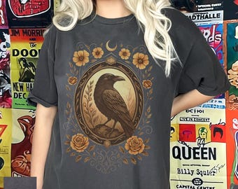 Vintage Gothic Raven Shirt, Retro Crow Sweatshirt, Occult Moon Floral Shirt, Dark Academia Tee, Edgar Allan Poe Shirt, Poetry Lover Gift