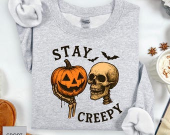 Stay Creepy Halloween Sweatshirt: Vintage Skull & Pumpkin Shirt, Gothic Skeleton Hands Tee