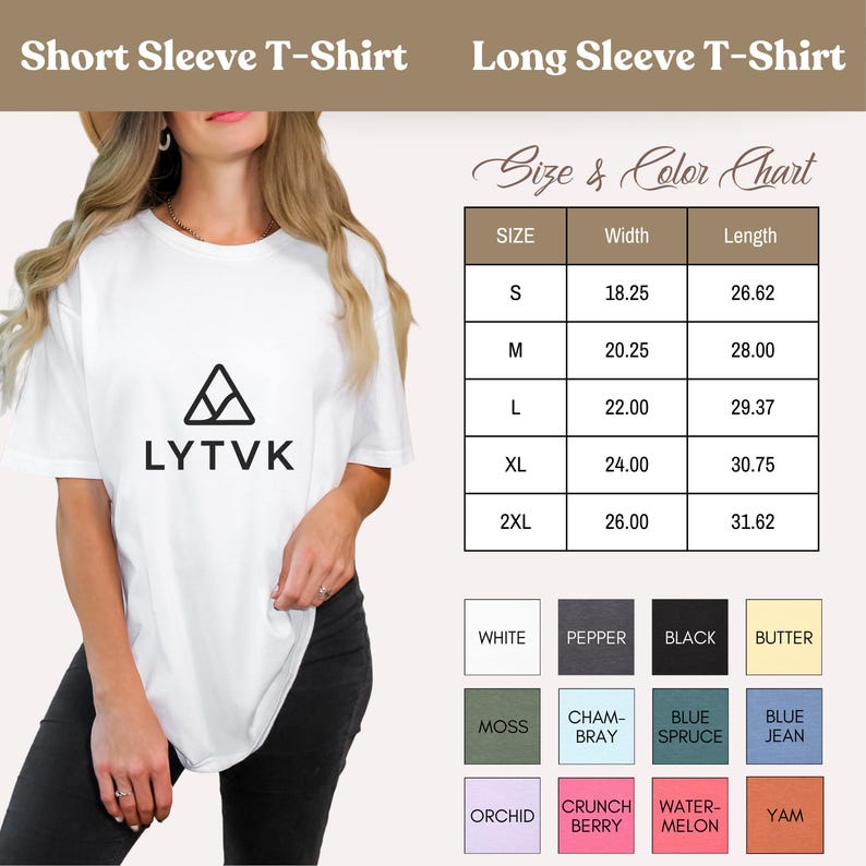 May include: A white short-sleeve t-shirt with the logo "LYTVK" printed on the front. The image includes a size and color chart, with measurements in inches. Available colors include white, pepper, black, butter, moss, chambray, blue spruce, blue jean, orchid, crunch berry, watermelon, and yam.