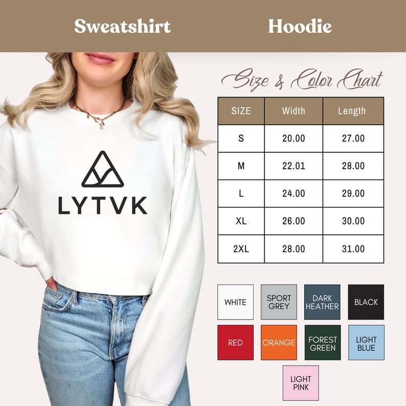 May include: A white sweatshirt with the text "LYTVK" and a triangle design. The image also includes a size and color chart, with measurements in inches and color options like red, orange, and black.