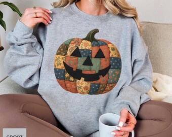 Retro Patchwork Halloween Pumpkin Sweatshirt, Spooky Season Sweater, Halloween Pumpkin Shirt, Halloween Gift, Halloween Cute Women Outfit