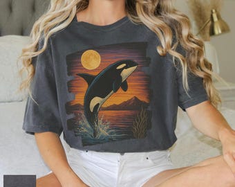 Vintage Midnight Orca Graphic Shirt, Retro Ocean Tshirt, Orca Shirt, Moonlight Ocean Lightning Tee, 90s Marine Life Graphic Top