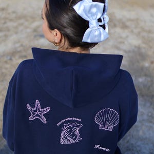 Embroidered Starfish Seashells Beach Days Coastal Boho Navy Premium Hoodie custom quote gift for her Beach Lover Nature Lover Summer Vibe
