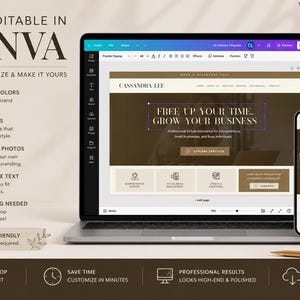 May include: A laptop and smartphone display a website template with the text "Free Up Your Time, Grow Your Business." The image also includes the text "Fully Editable in Canva" and icons for customization options.