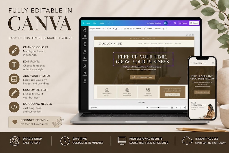 May include: A laptop and smartphone display a website template with the text "Free Up Your Time, Grow Your Business." The image also includes the text "Fully Editable in Canva" and icons for customization options.