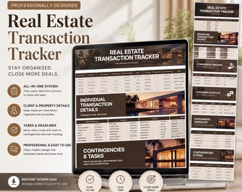 May include: A laptop displaying a "Real Estate Transaction Tracker" spreadsheet. The screen shows data fields and a dashboard overview. A printout of the tracker is to the right. Text includes "Stay Organized. Close More Deals."