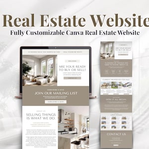 Puede incluir: Una pantalla de portátil muestra una plantilla de sitio web de bienes raíces con el texto "Real Estate Website" y "Fully Customizable Canva Real Estate Website". El diseño del sitio web presenta una paleta de colores neutros y secciones para comprar, vender e información de contacto.