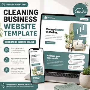 May include: A laptop, smartphone, and tablet display a website template for a cleaning business. The design features a teal and white color scheme with the text "Cleaning Business Website Template" and "Book More Clients Online."