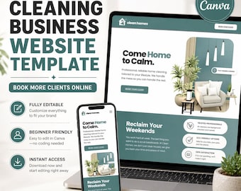 May include: A laptop, smartphone, and tablet display a website template for a cleaning business. The design features a teal and white color scheme with the text "Cleaning Business Website Template" and "Book More Clients Online."