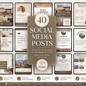 May include: A collection of 40 social media posts for real estate, with a neutral color palette. The posts include templates for listings, open houses, client reviews, and market updates. Text includes "Just Listed" and "Open House."