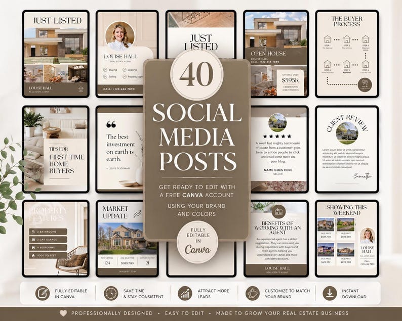 May include: A collection of 40 social media posts for real estate, with a neutral color palette. The posts include templates for listings, open houses, client reviews, and market updates. Text includes "Just Listed" and "Open House."