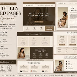 May include: A website design template with a neutral color palette. The design includes page layouts, text, and images, with the text "Beautifully Designed Pages That Convert". The template showcases services and builds trust.