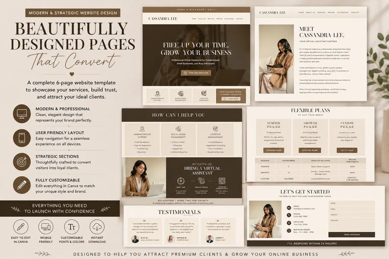 May include: A website design template with a neutral color palette. The design includes page layouts, text, and images, with the text "Beautifully Designed Pages That Convert". The template showcases services and builds trust.