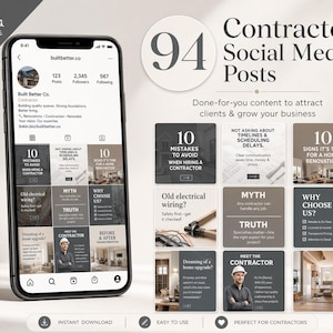 May include: A smartphone displays a social media post template for contractors, with the text "Contractor Social Media Posts." The design includes a grid of sample posts, a logo, and the words "Instant Download" and "Easy to Use."