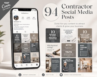 May include: A smartphone displays a social media post template for contractors, with the text "Contractor Social Media Posts." The design includes a grid of sample posts, a logo, and the words "Instant Download" and "Easy to Use."