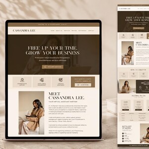 May include: A laptop and a mobile phone display a website design with a brown and beige color scheme. The website promotes virtual assistant services, with the text "FREE UP YOUR TIME. GROW YOUR BUSINESS" prominently displayed. The website includes sections for services and contact information.