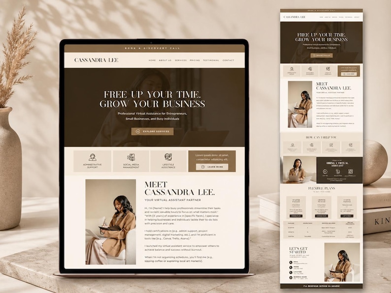 May include: A laptop and a mobile phone display a website design with a brown and beige color scheme. The website promotes virtual assistant services, with the text "FREE UP YOUR TIME. GROW YOUR BUSINESS" prominently displayed. The website includes sections for services and contact information.