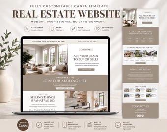 May include: A laptop screen displays a real estate website template. The design features a neutral color palette with sections for property listings, contact information, and a call to action. Text includes "Real Estate Website" and "Are you ready to buy or sell?"