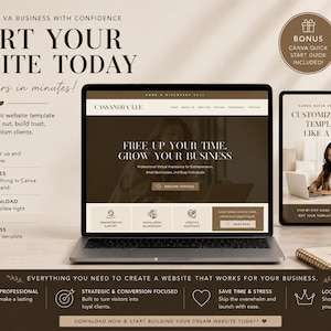 May include: A laptop and tablet display a website template with the text "Start Your Website Today." The image includes a coffee cup, pen, and decorative elements. The template promises easy setup and instant download.