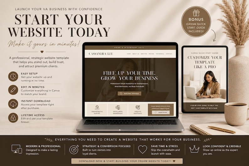 May include: A laptop and tablet display a website template with the text "Start Your Website Today." The image includes a coffee cup, pen, and decorative elements. The template promises easy setup and instant download.