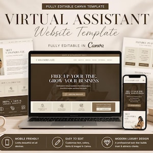May include: A laptop, smartphone, and printed materials display a website template for a virtual assistant. The design features a neutral color palette with text that reads "Virtual Assistant Website Template" and "Fully Editable in Canva."