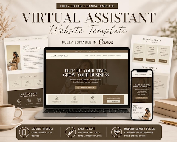 Virtual Assistant Website Template | Editable Canva Business Design (Digital Download)